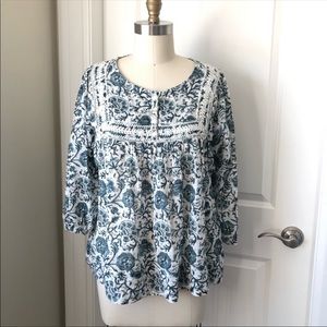 Denim & Supply by Ralph Lauren Blue White Print Peasant Top